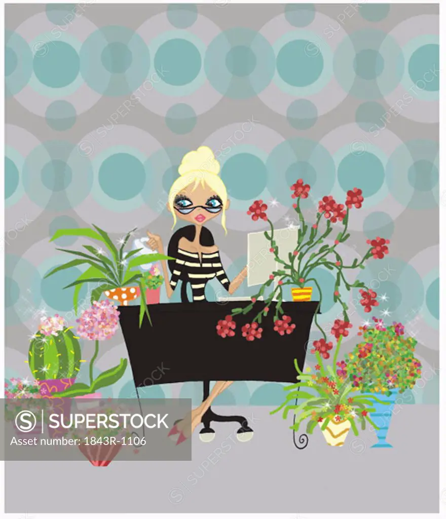 Blonde woman at desk with plants