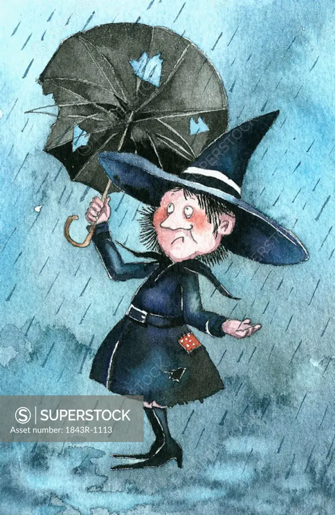 Witch caught in rain with broken umbrella