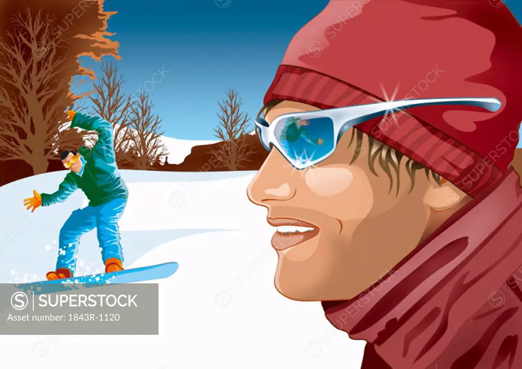 Man in foreground with man in background trying to ski