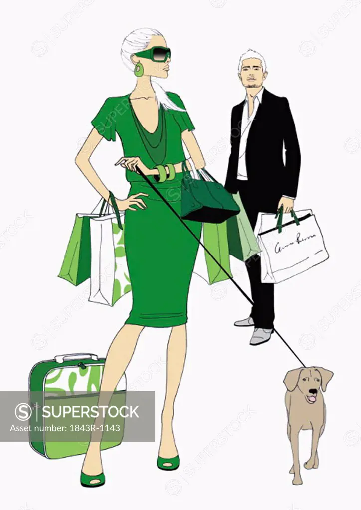 Couple with shopping bags and a dog