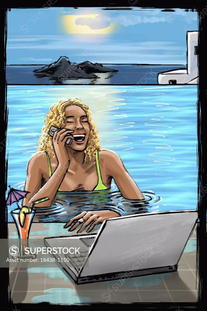 Woman in pool on phone with laptop