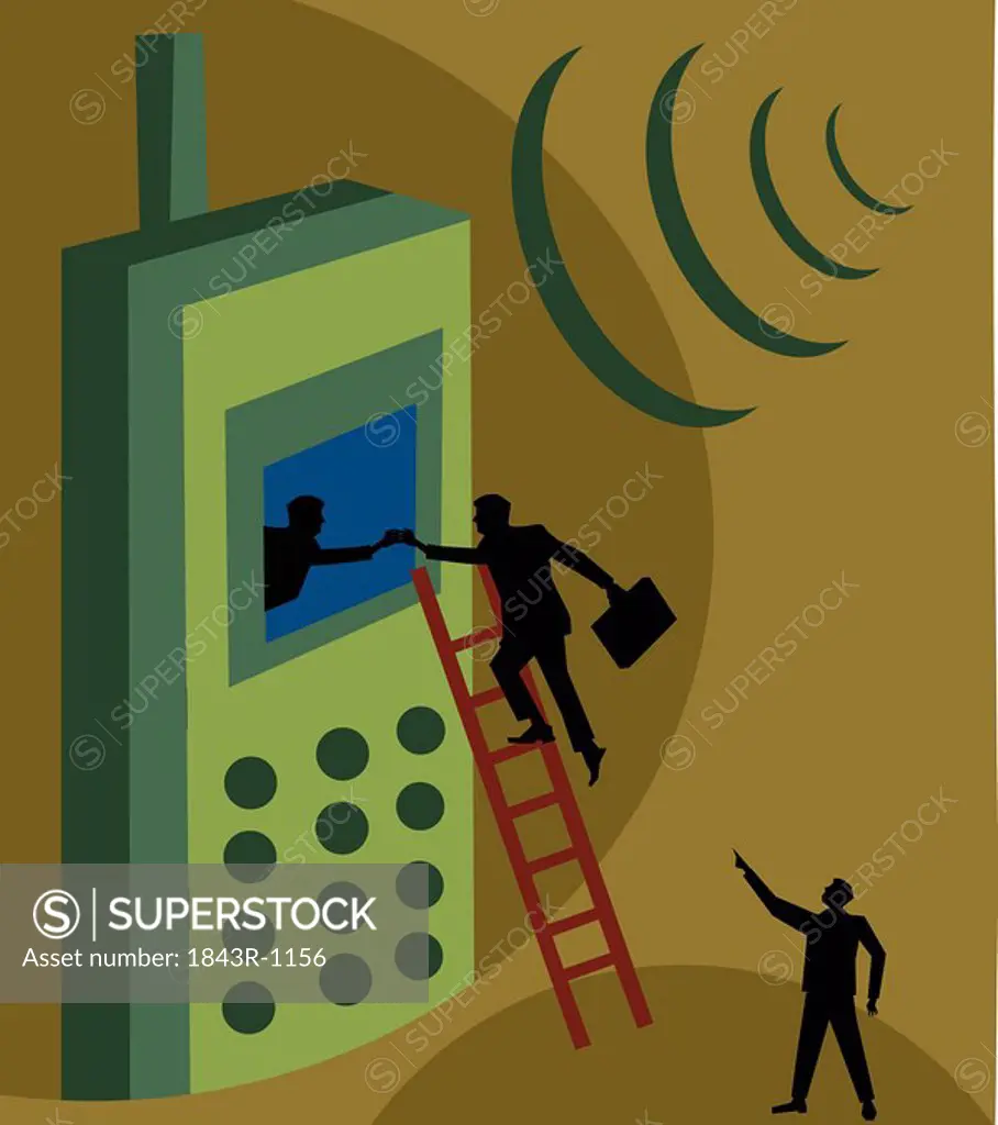 Person climbing ladder to reach the screen of a cellphone