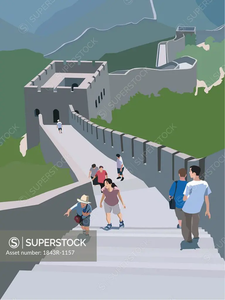 Tourists walking along the Great Wall of China, Badaling China