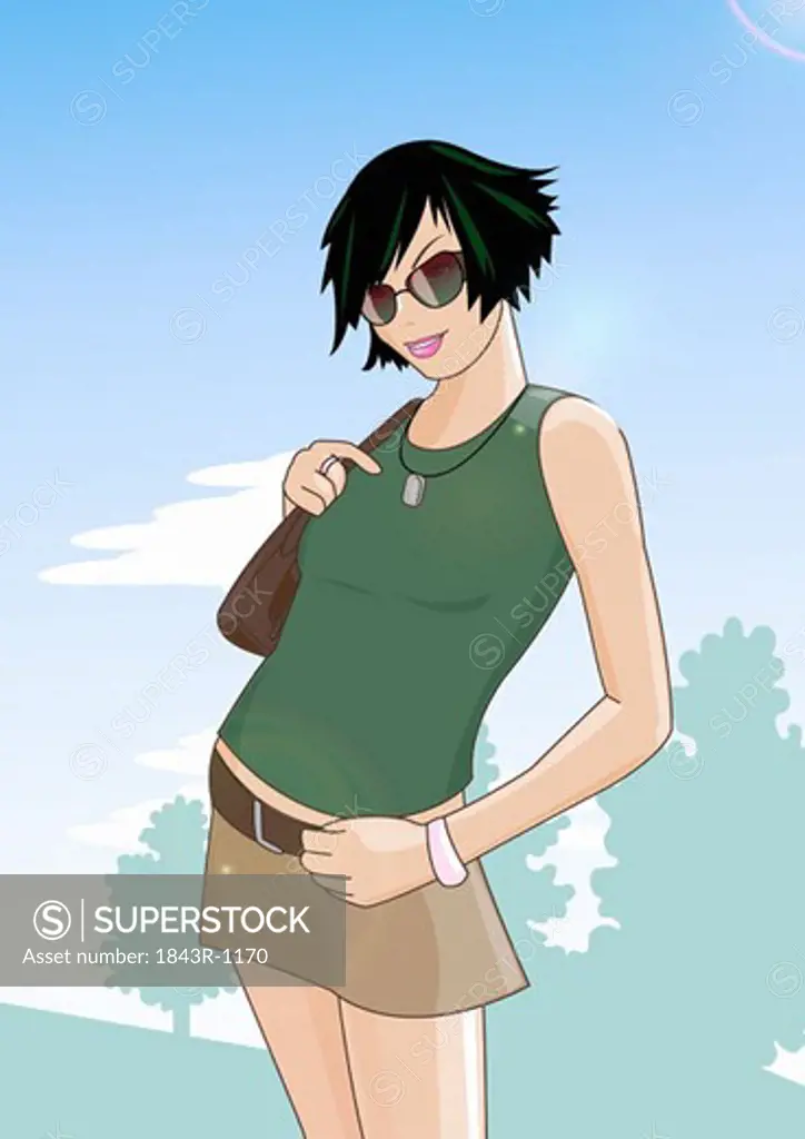 Young woman posing in a miniskirt with sunglasses