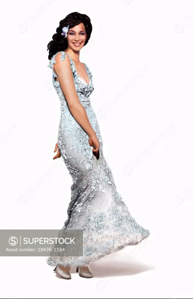 Woman twirling her long silvery gown