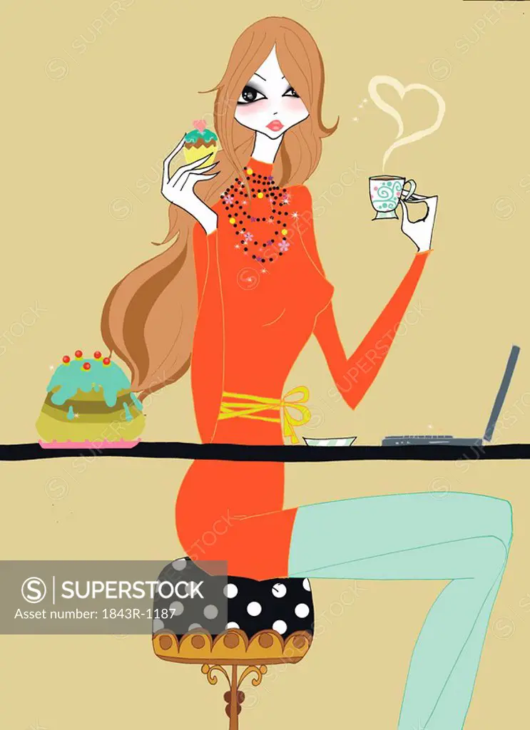 Young woman with coffee,a sweet, and laptop