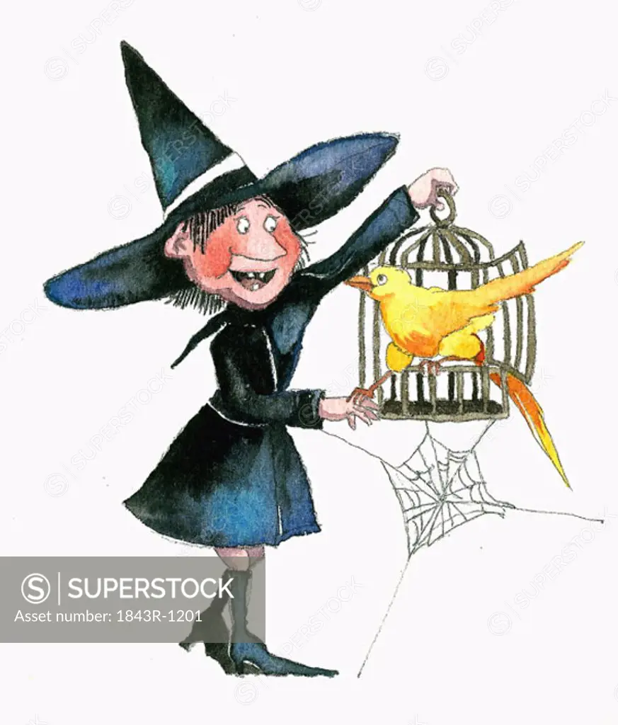 Happy witch with her pet bird