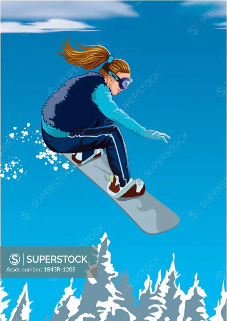 Woman in the air on a snowboard