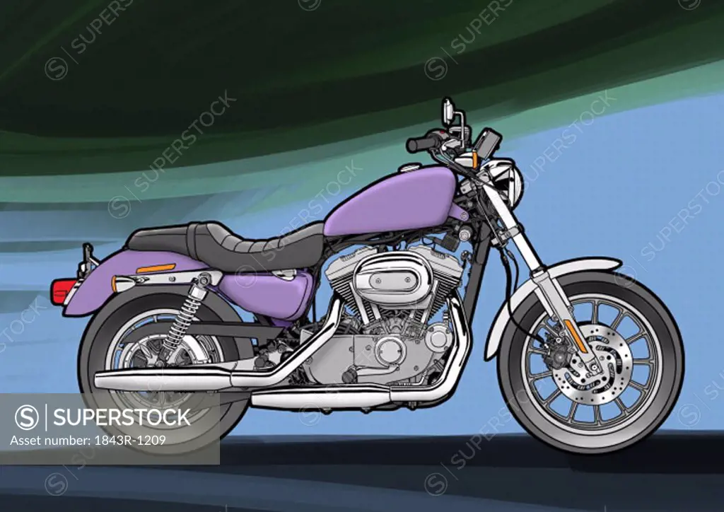 Purple chopper motorbike with blue and black background