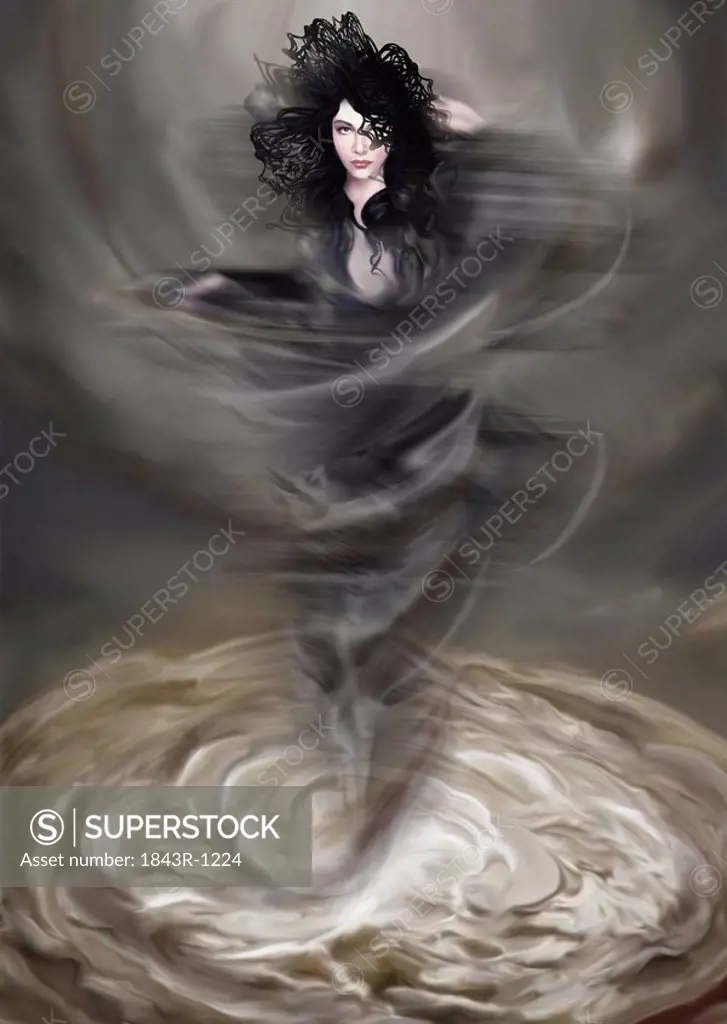 Woman materializing from a swirl of liquid