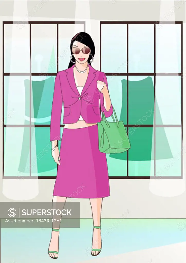 Woman with a suit in front of clothes store