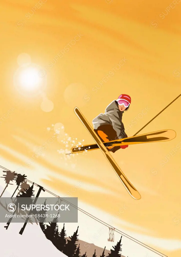 Young man ski jumping in the sunset