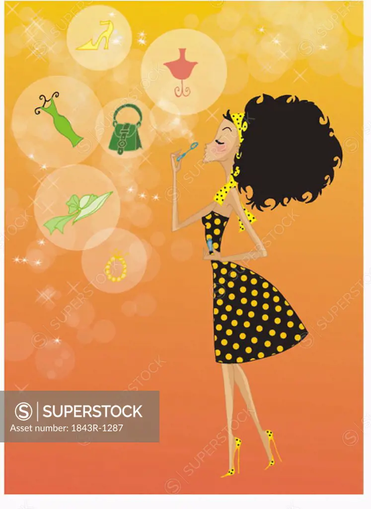 Woman blowing bubbles with fashion items in them