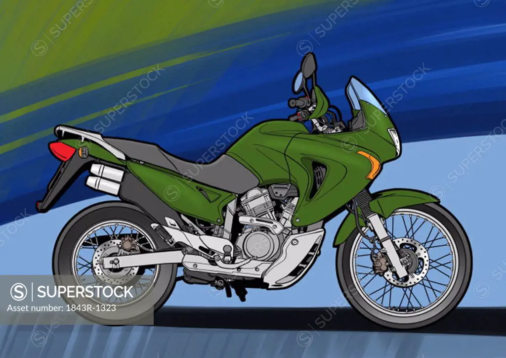Dark green super enduro motorbike with blue and green background