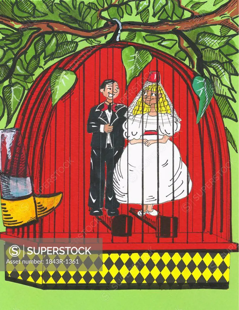 Couple getting married in a bird cage