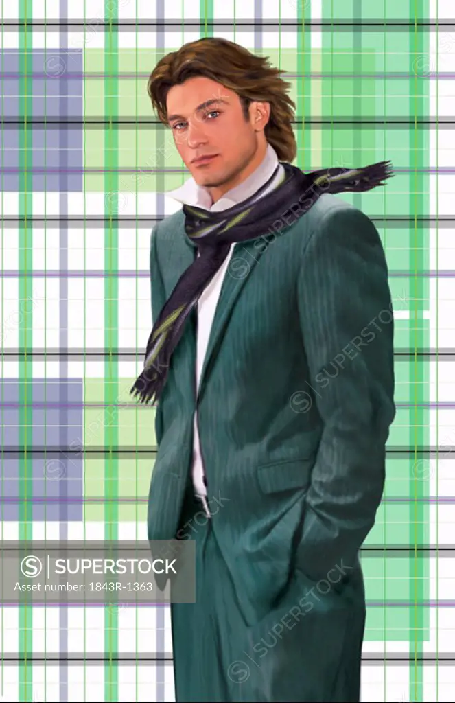 Man modeling a pinstriped suit and a scarf