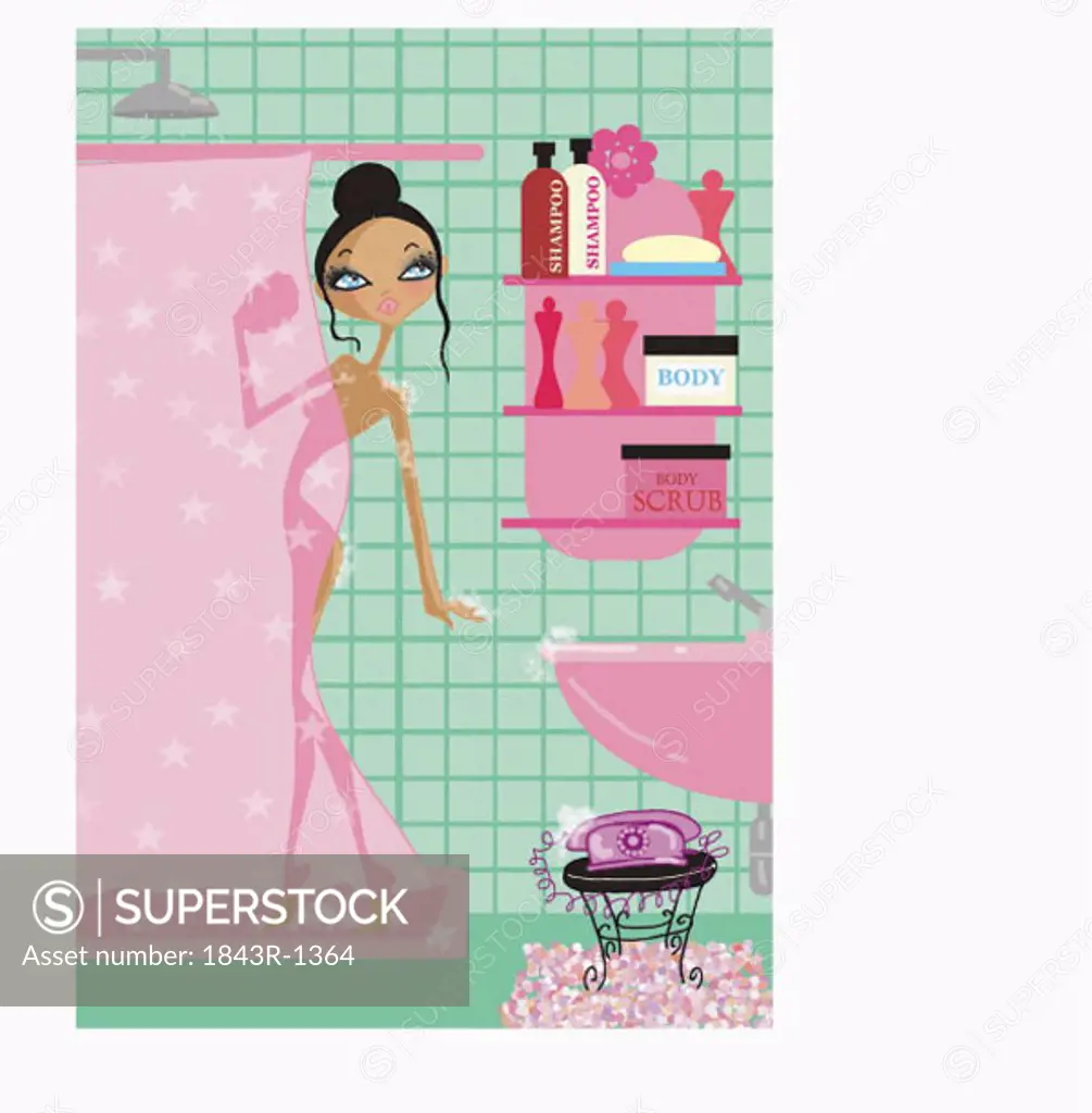 Woman showering with the phone in the bathroom