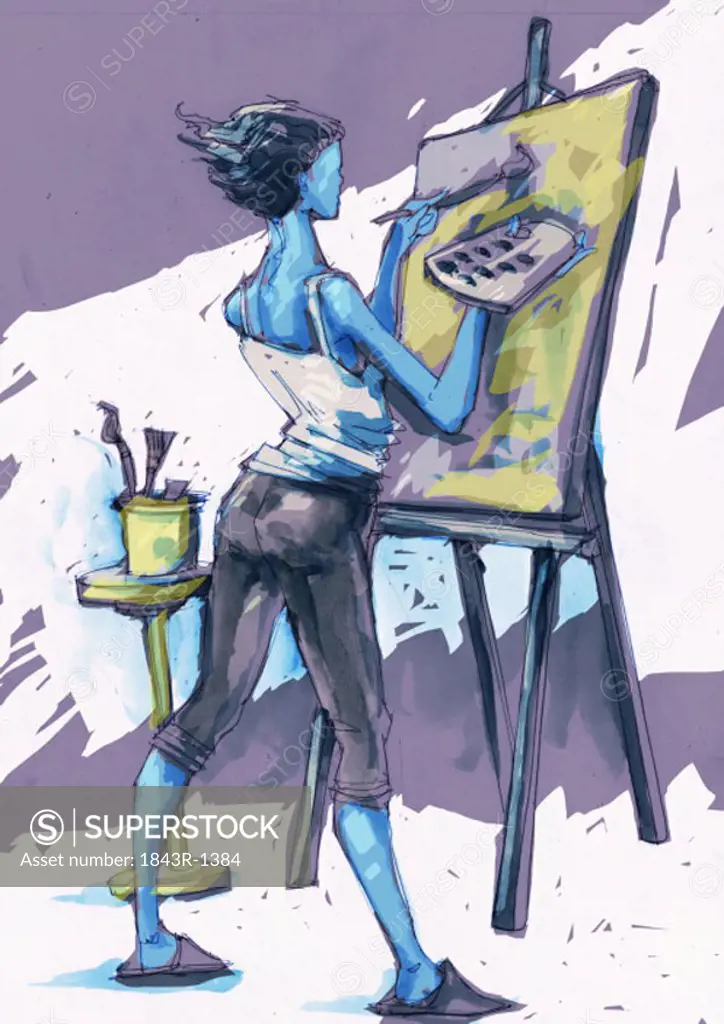 Woman painting a canvas on an easel