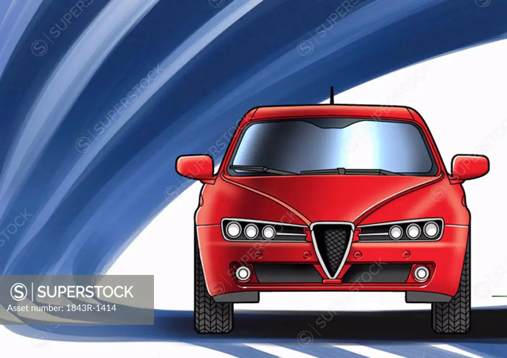 Red sports car with blue and white background
