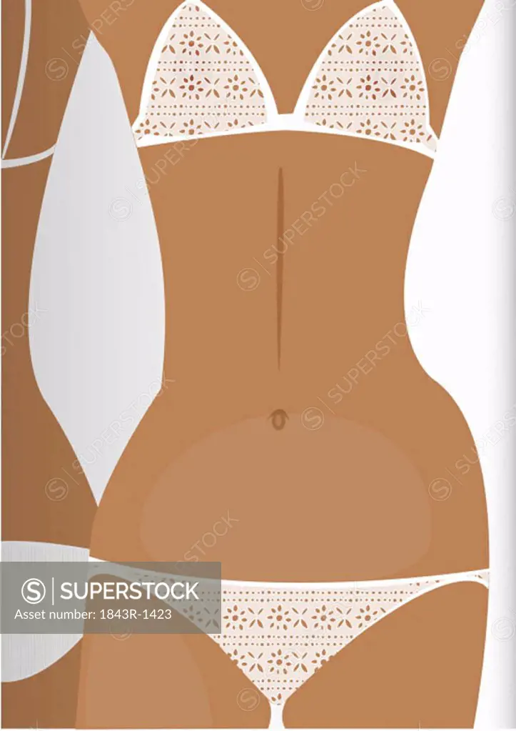 Closeup of woman´s torso in bikini mirrored in background