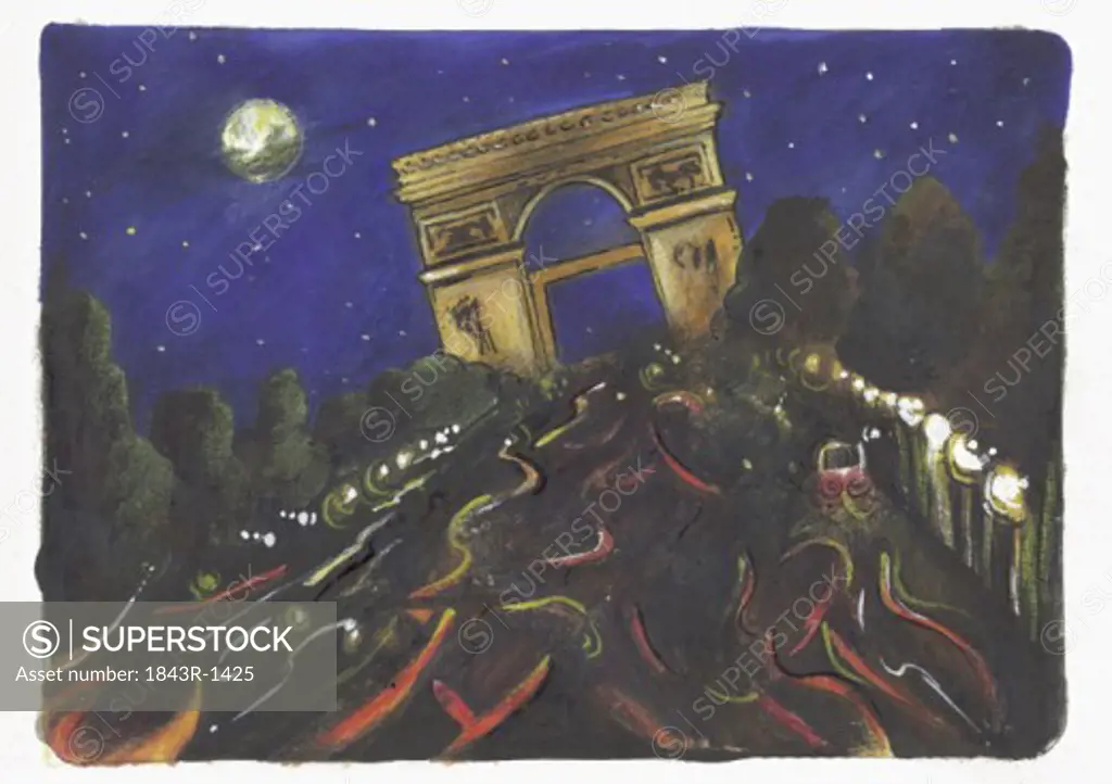 Night scene of lit Arc de Triomphe at the end of Champs-Elysees