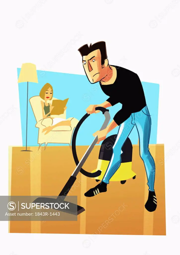Man vacuuming floor while woman reads