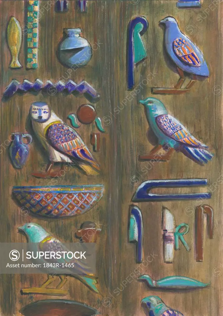 Wood carving with birds, fish, knives, and other objects