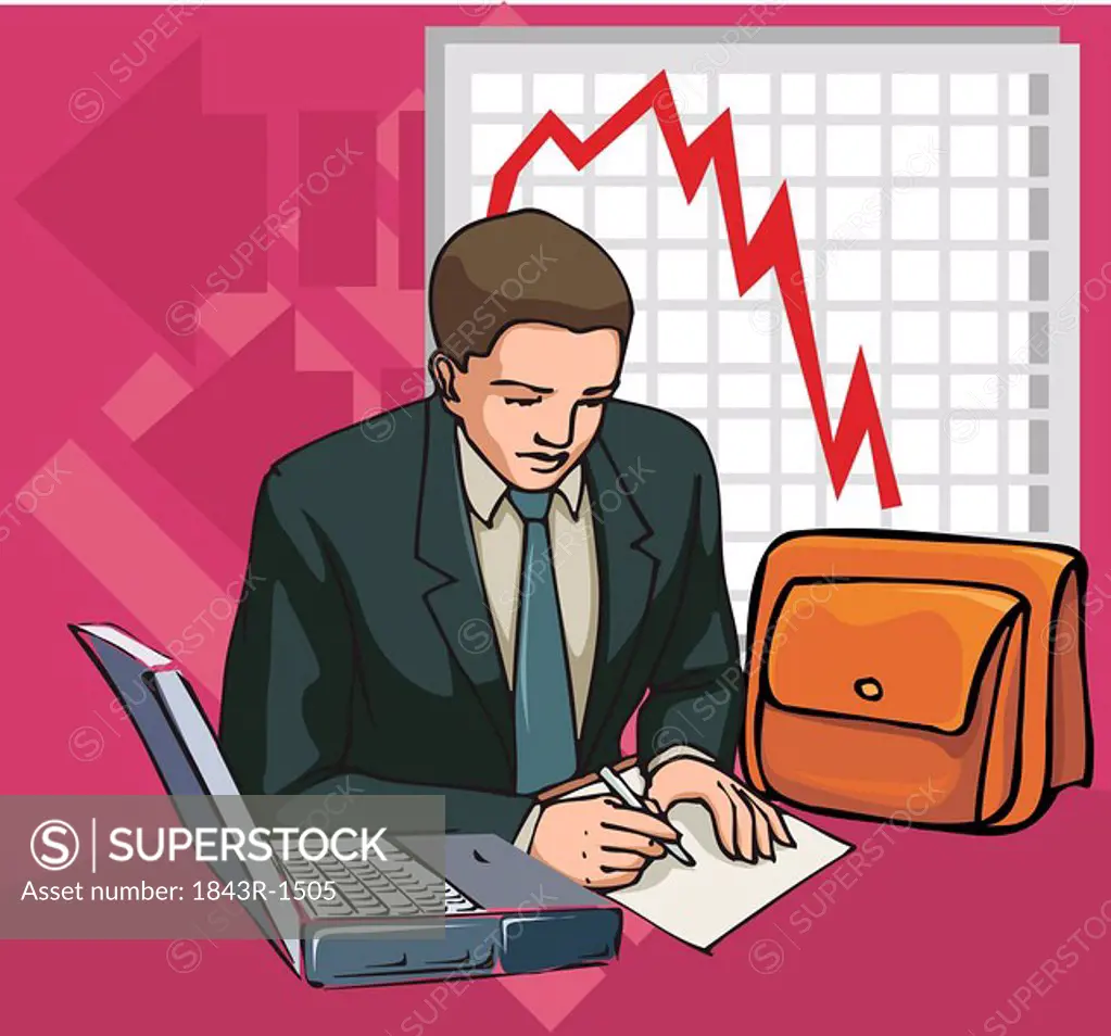 Businessman with laptop and line graph in background