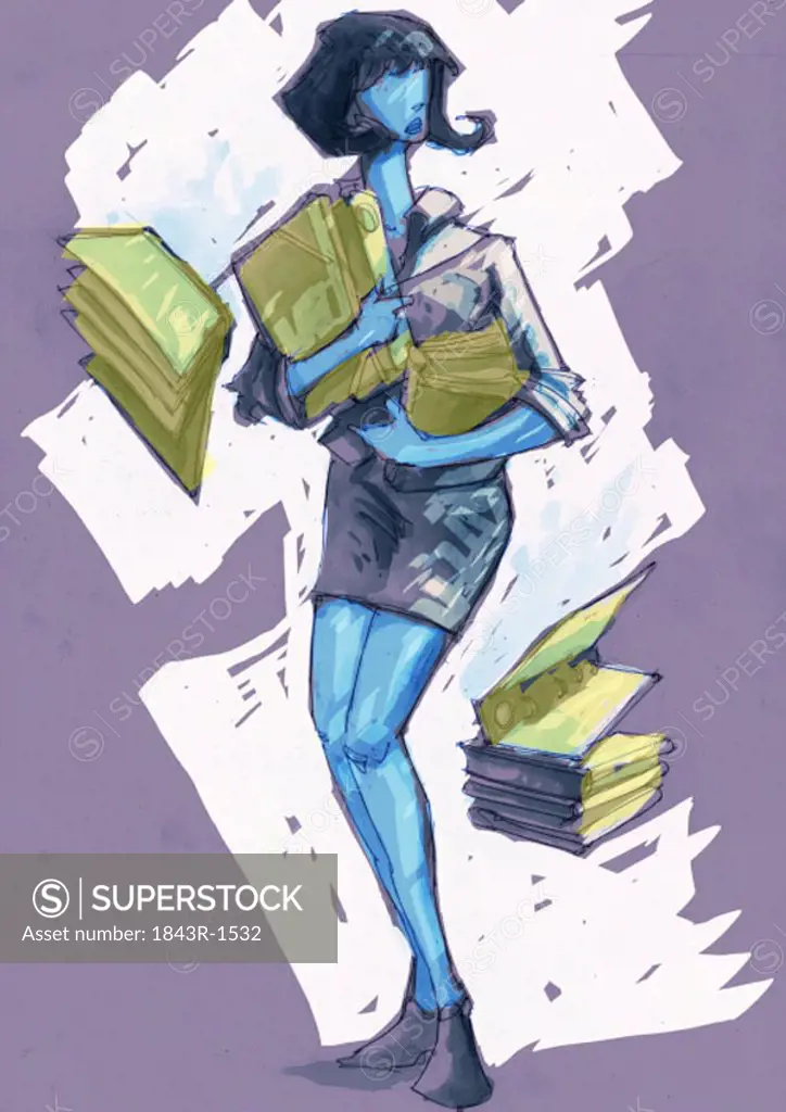 Woman with papers and books overflowing out of her arms