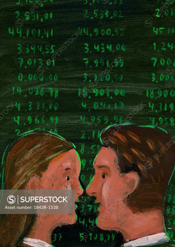 Young couple in front of stock quotes