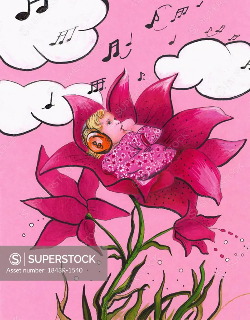Baby girl in a flower listening to music