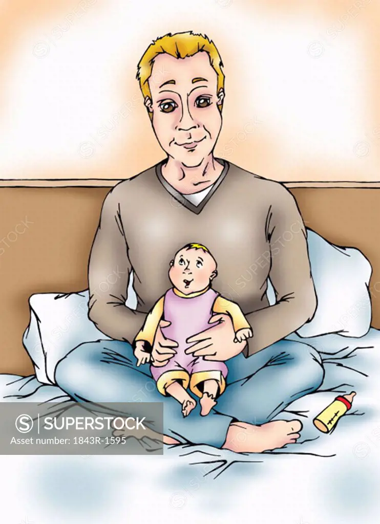 Father sitting on bed with baby