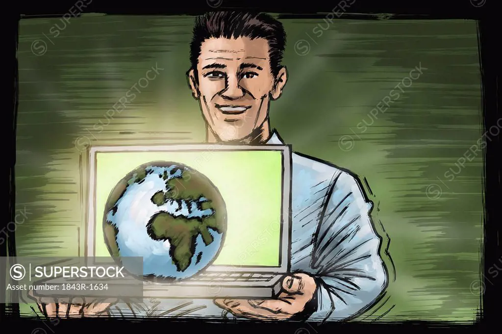 Man holding laptop with the globe