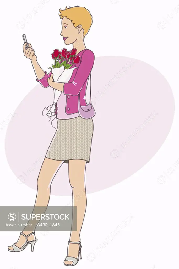 Woman with mobile phone and bouquet of roses in hand