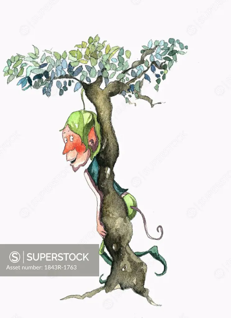 Elf hiding behind a tree