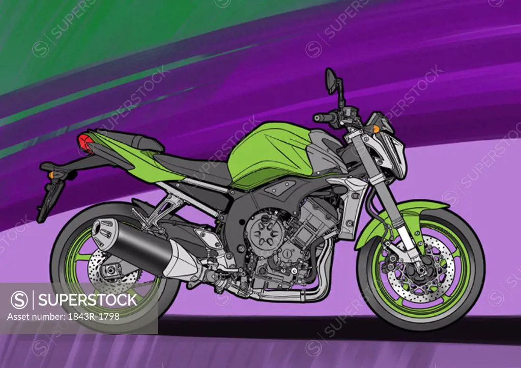 Lime green naked street motorbike with purple and dark green background