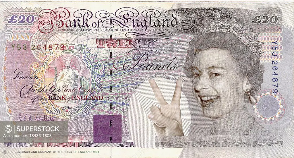 Queen Elizabeth gesturing peace on bank note