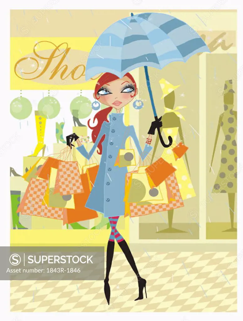 Woman holding umbrella in the rain with many shopping bags