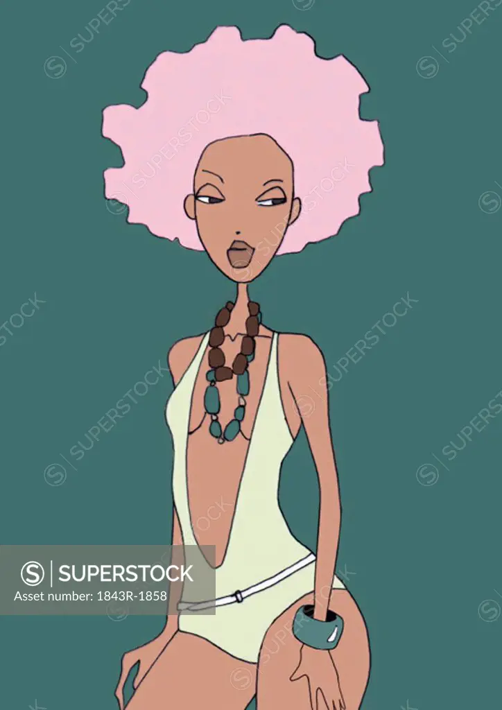 Woman in one-piece bathing suit and pink afro