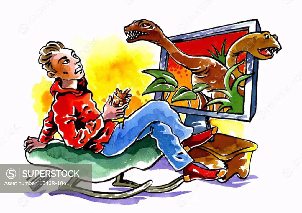 Dinosaurs coming out of man´s television