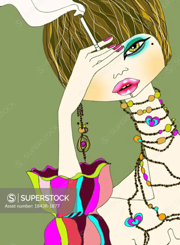 Woman with colorful adornments smoking a cigarette