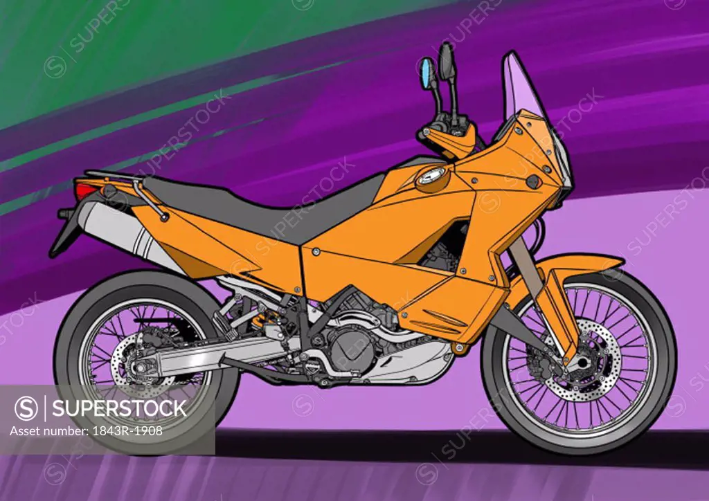 Dark yellow super enduro motorbike with purple and green background