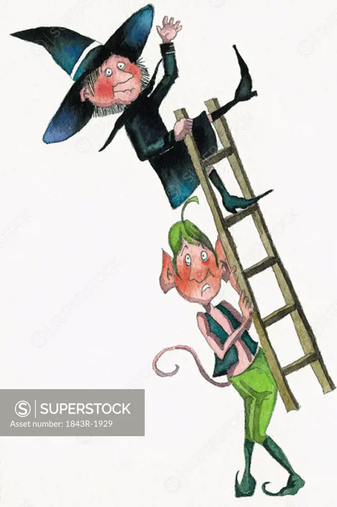 Elf carrying off a ladder with a witch on it