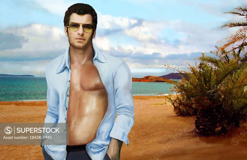 Man with shirt open posing on beach