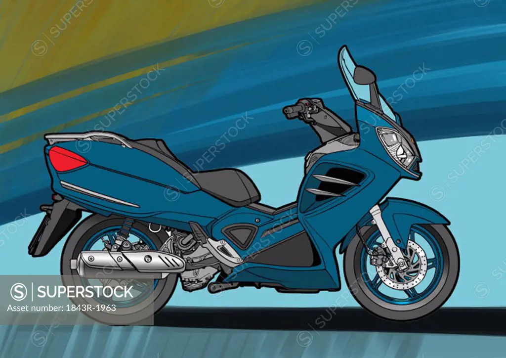 Blue scouter motorbike with blue and green background