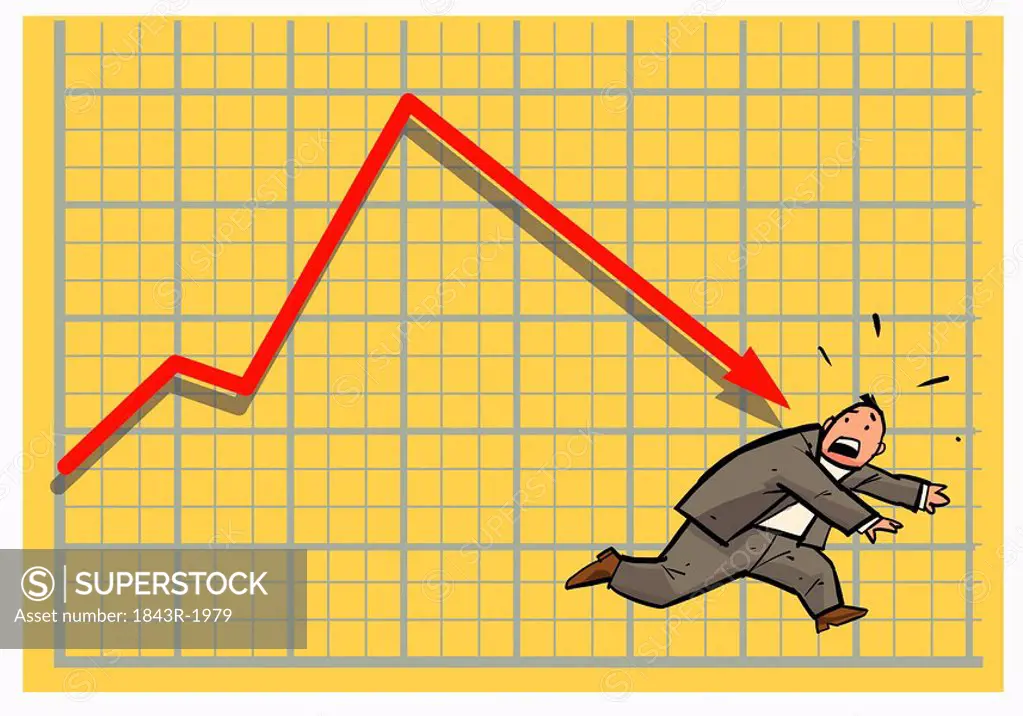 Businessman in stock chart running from downward arrow