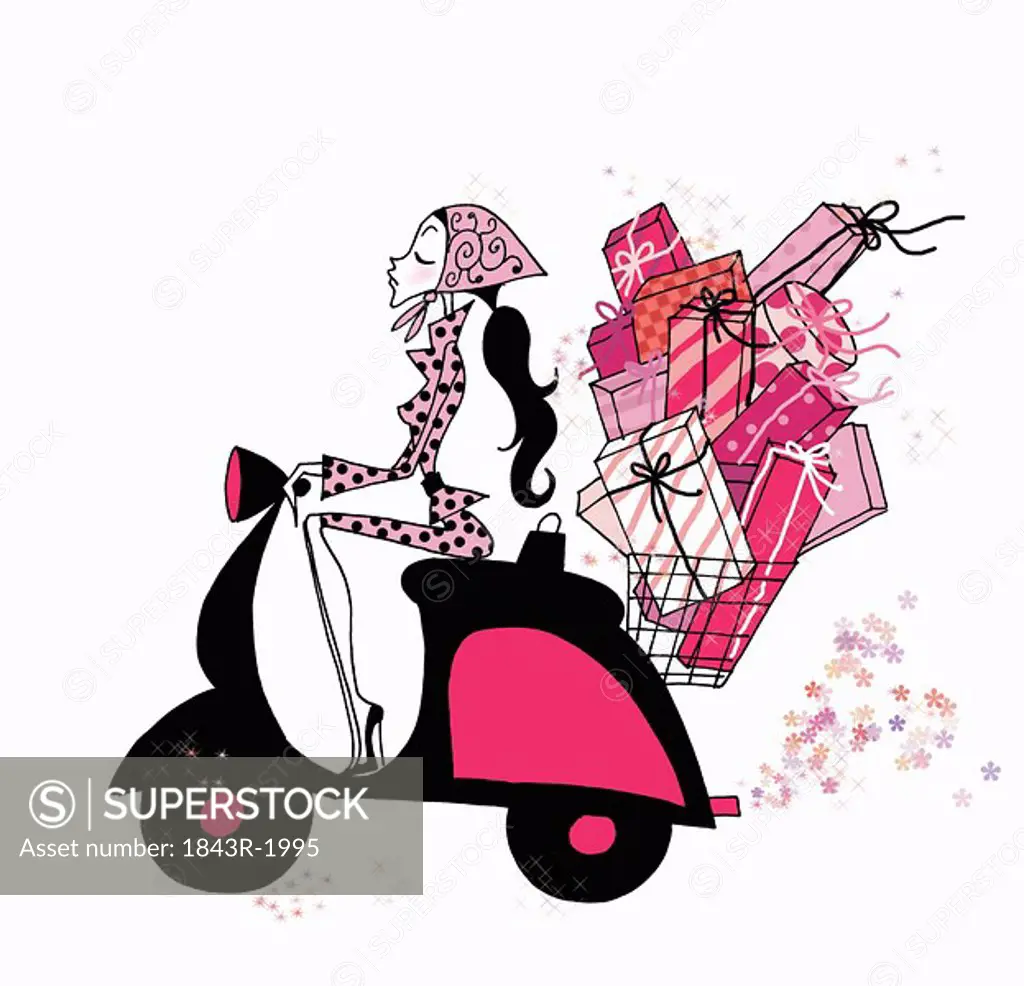 Young woman on scooter with many presents