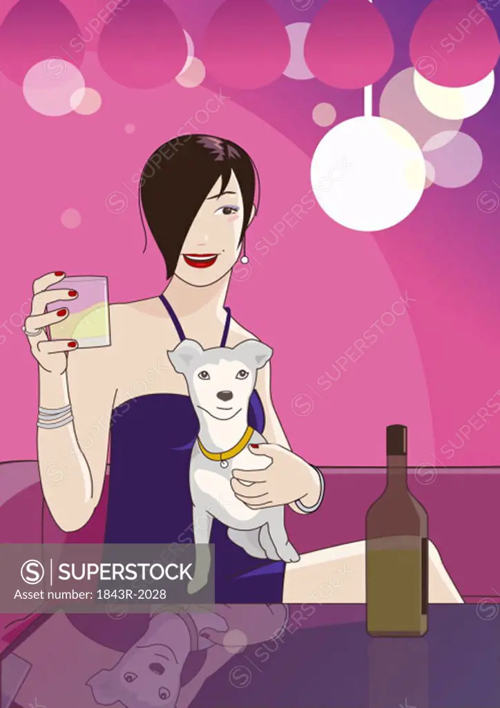 Woman in bar with a drink and her dog