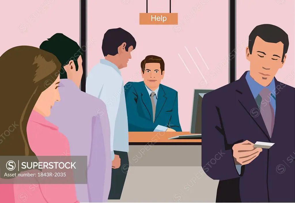 People standing at help counter in bank