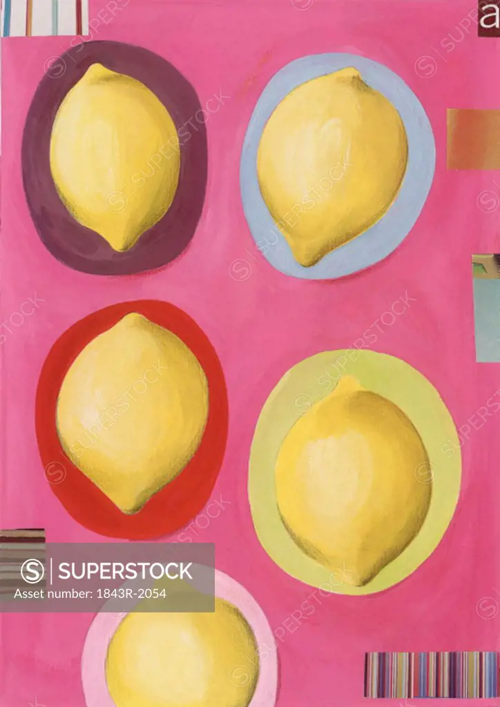 Five lemons in colored circles